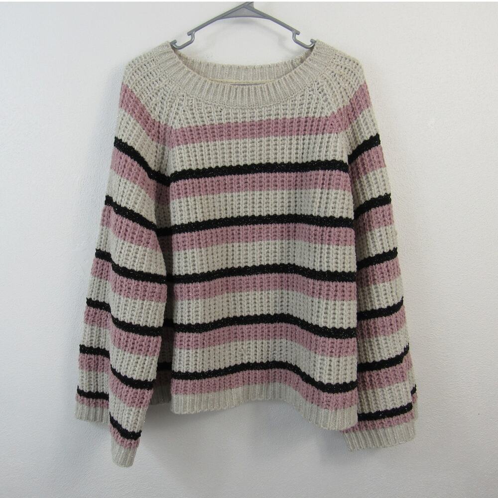 En Creme M/L Chunky Glitter Striped Sweater With A Bell Sleeves Creme Pink Black